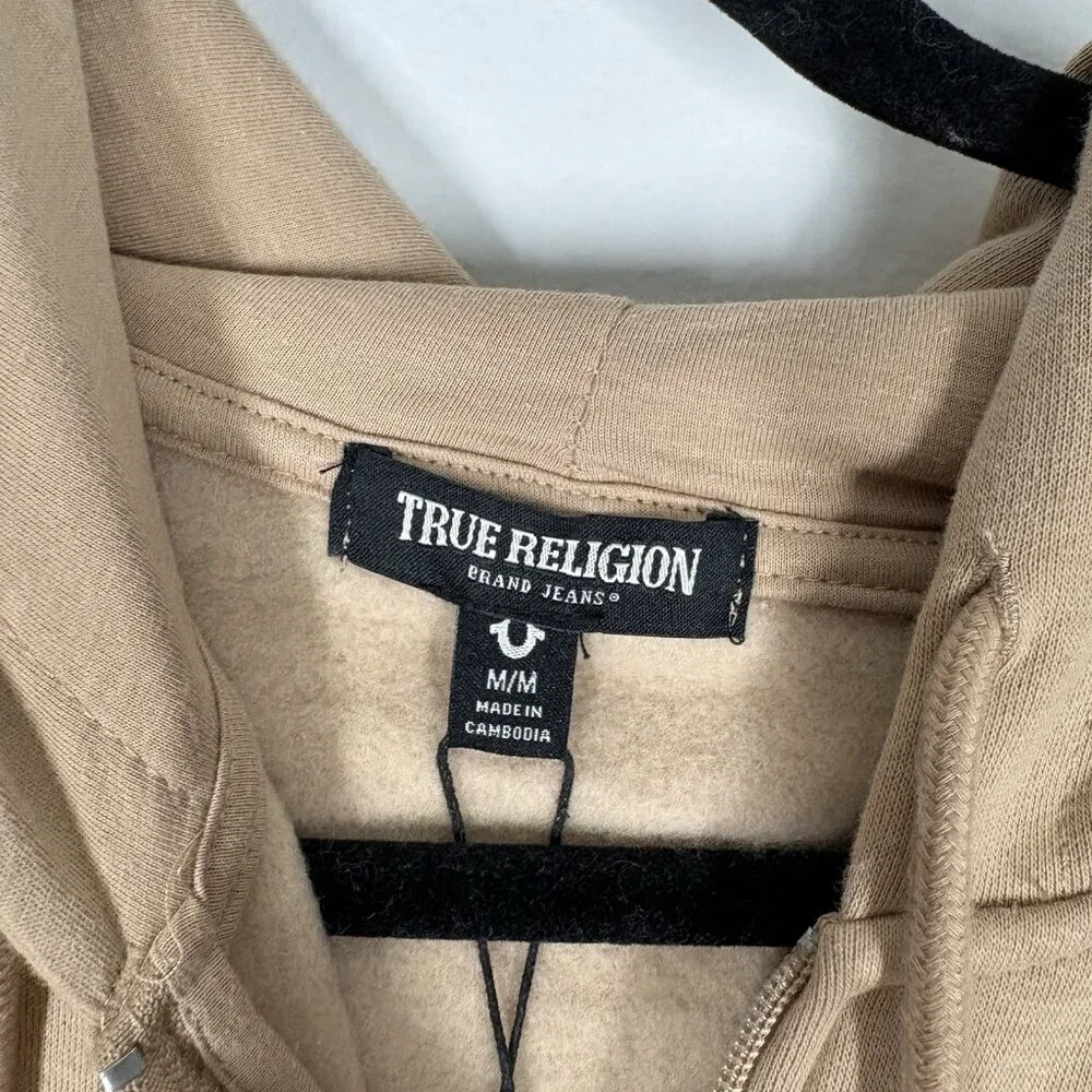 True Religion Men M Travertine Tan Fleece Y2K 90s Iridescent Logo Zip Hoodie NWT